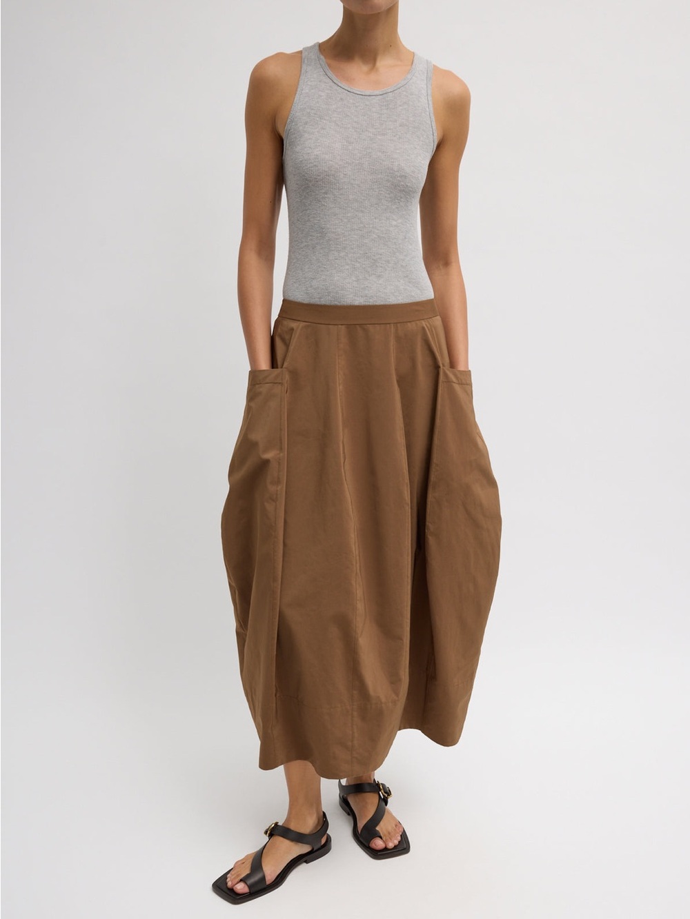 Tibi Brown Midi Nylon Lantern Skirt with Pockets